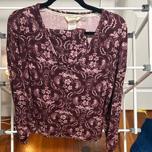 Lucky Brand Burgundy and Pink Patterned Long Sleeve Top